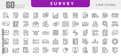 Survey line icon set. Audit, analysis, plan, evaluation, quality process, result, feedback, exam, document, business management data, inspection, statistic line icon set. UI thin line icon pack.