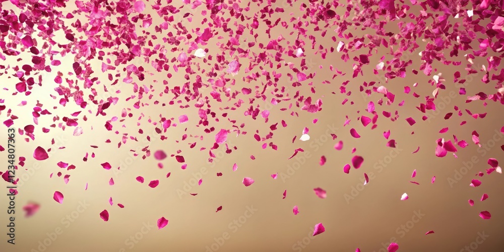 A sprinkling of hot pink confetti falls against a plain beige backdrop, joyful energy, whimsical feel, hot pink confetti beige background, festive atmosphere, celebratory mood A sprinkling of hot pink confetti falls against a plain beige backdrop, joyful energy, whimsical feel, hot pink confetti beige background, festive atmosphere, celebratory mood