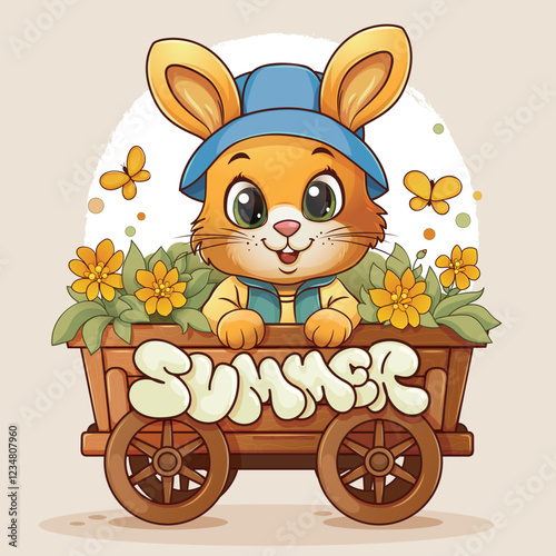 Cartoon children's illustration of a cute bunny sitting in a wooden cart with flowers and butterflies and the inscription 