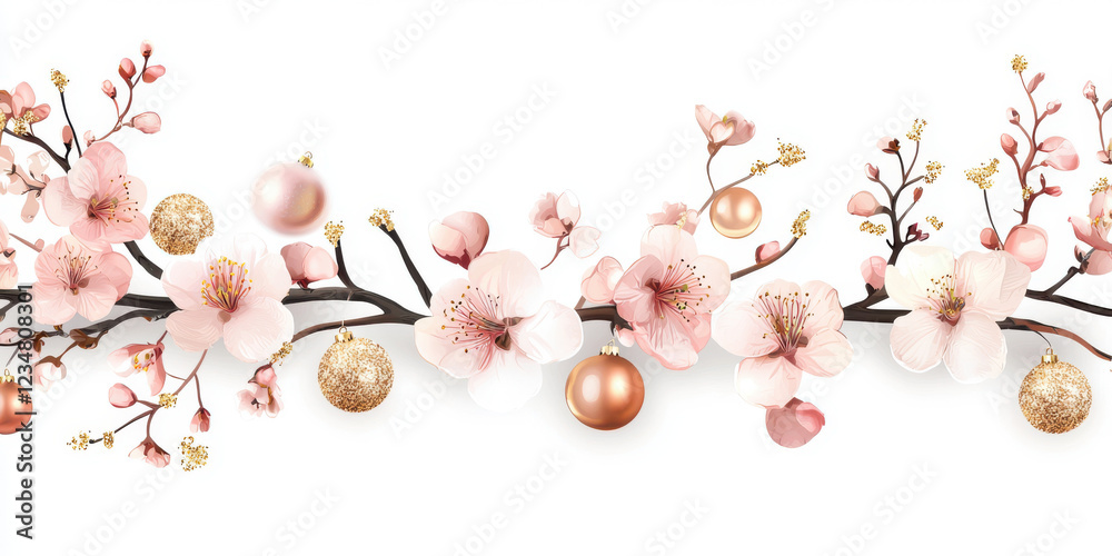 Obraz premium Beautiful floral arrangement with pink blossoms and decorative ornaments, perfect for festive occasions. delicate flowers and shiny baubles create charming atmosphere