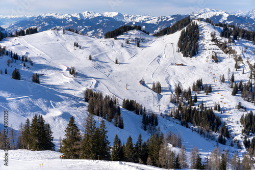 Panorama view of ski slopes at Flachau and St. Johann in Austrian Alps, Snow Space Salzburg, part of Ski Amade skiing area