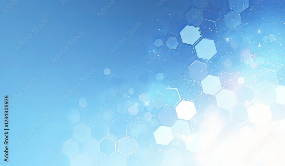Light blue background with hexagons and white bokeh effect, soft gradient at the bottom edge, pale yellow accents