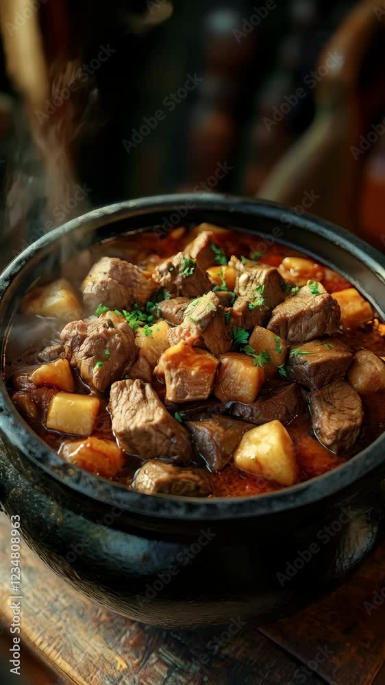 Large pot of stew with meat and vegetables. 4K Video