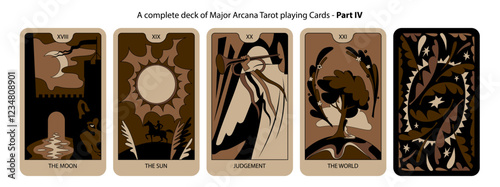 A complete deck of Major Arcana Tarot playing Cards in brown and black colors. Part IV. Vector illustration in vintage cartoon minimalism flat style