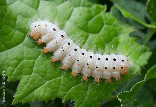 Closeup of caterpillar insect sitting on a lush green leaf , crawling worm, leafworm chenille, oruga, lagarta, raupe, bruco
 photo