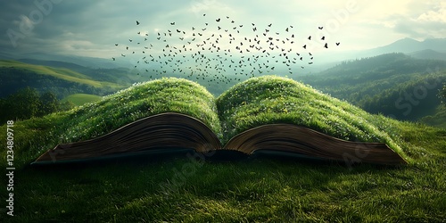 An opened book in wild flower field in wild with variable colors in Spring. Spring seasonal concept. An intricate code book containing detailed regulations for a specific field of law