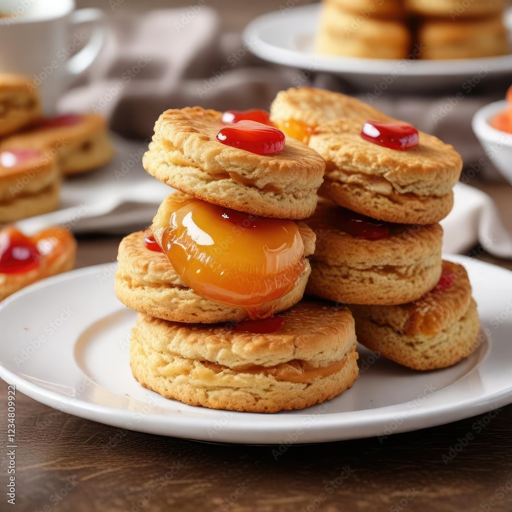 A stack of freshly baked golden brown biscuits on a white plate, topped with a small jelly heart in the center , baking, jelly heart A stack of freshly baked golden brown biscuits on a white plate, topped with a small jelly heart in the center , baking, jelly heart