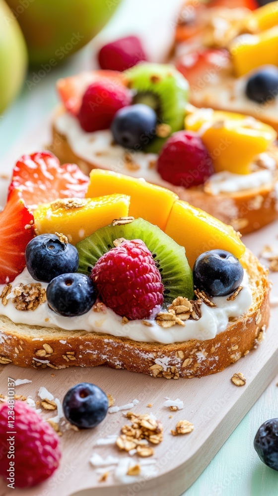Multigrain toast layered with bright kiwi, mango, strawberry slices, scattered blueberries, raspberries, and sprinkled granola for added crunch Multigrain toast layered with bright kiwi, mango, strawberry slices, scattered blueberries, raspberries, and sprinkled granola for added crunch