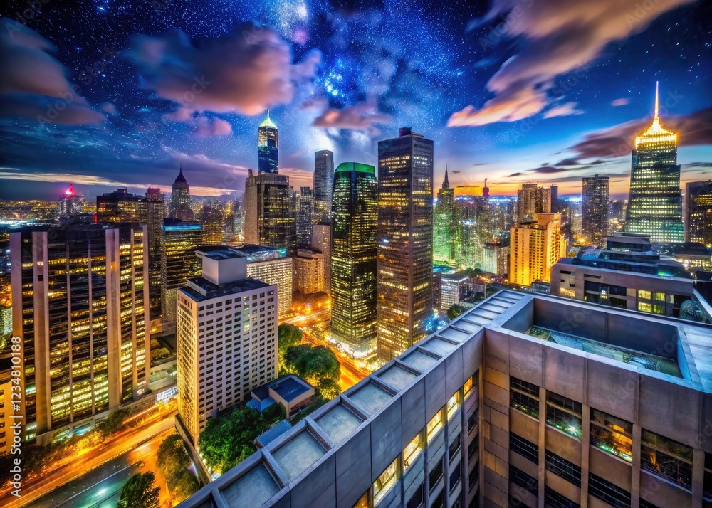 Fototapeta premium Night City's skyline: stunning rooftop photography reveals breathtaking cityscape views.