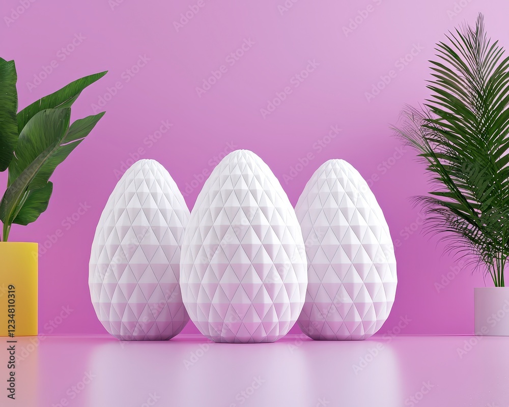 Modern Decorative Eggs in Geometric Style Against Pink Background Modern Decorative Eggs in Geometric Style Against Pink Background