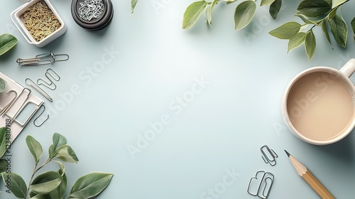 Flatlay showcasing stationery items and greenery on a light blue background photo