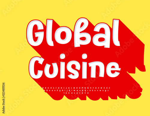 Vector Foodie concept Global Cuisine. Isometric Unique Font. Alphabet Letters and Numbers set with Big Red Shadow