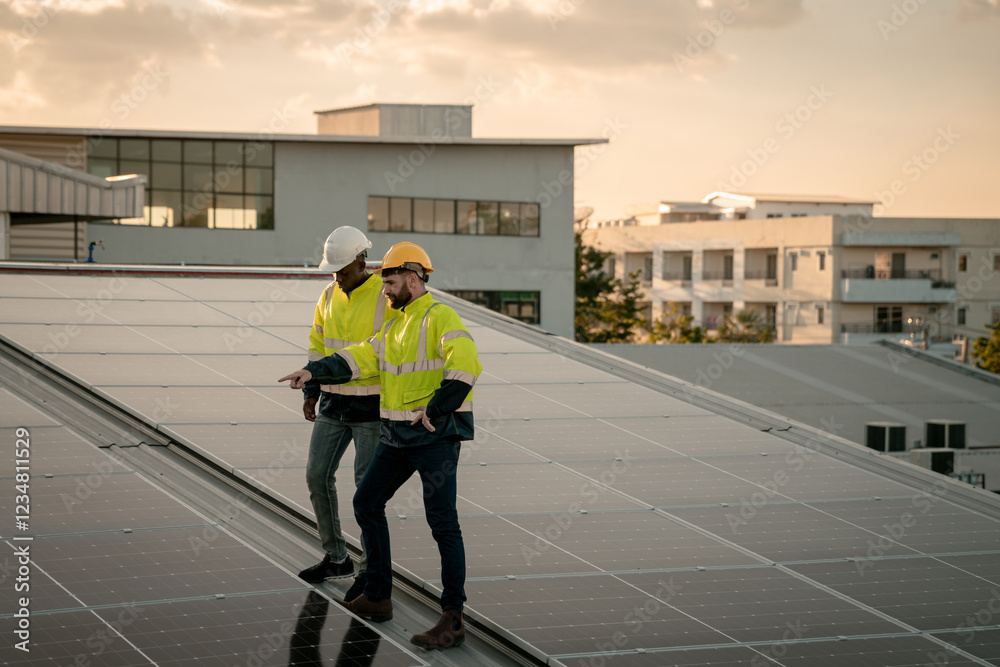 Obraz premium Service engineer checking solar cell on the roof for maintenance if there is a damaged part. Engineer worker install solar panel. Clean energy concept.