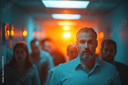 A group of office workers calmly evacuating a high-rise building during a fire drill, following exit signs with emergency lights flashing, copy space background