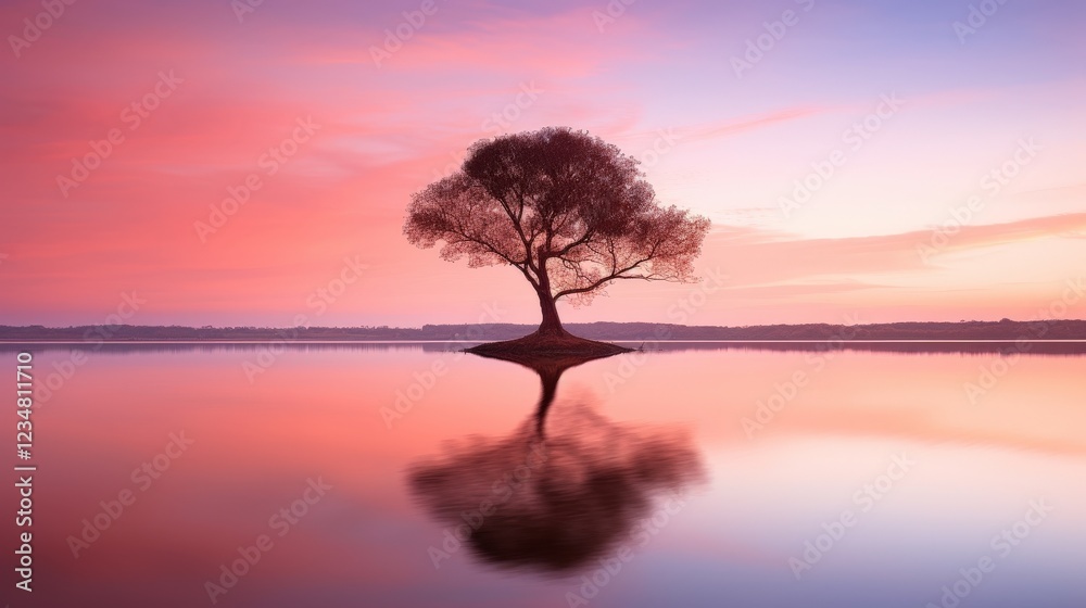 Serene Reflection of a Single Tree on a Quiet Lake During an Evening with Colorful Sunset Sky and Calm Water Surface Serene Reflection of a Single Tree on a Quiet Lake During an Evening with Colorful Sunset Sky and Calm Water Surface