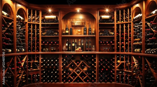Luxurious home wine cellar, bottles, storage, wooden racks, lighting, background blur,  wine tasting