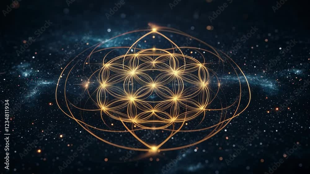 Intricate Geometric Flower of Life Design in Cosmic Space with Radiant Light Elements for Spiritual and Mystical Concepts