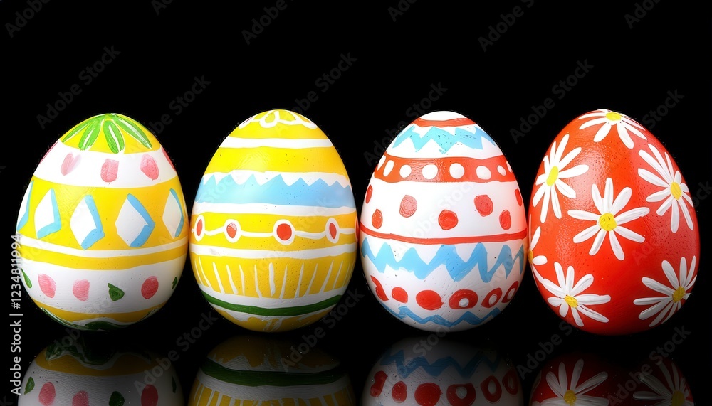 Fototapeta premium Colorful Decorated Easter Eggs on a Black Background
