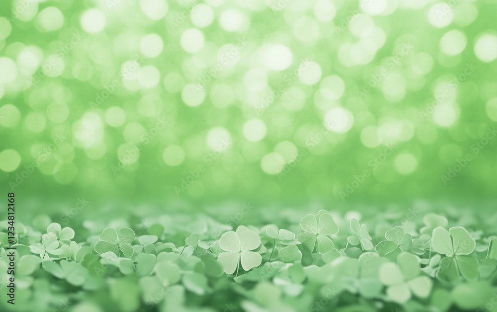 Fototapeta premium Glowing green shamrocks with soft bokeh background 