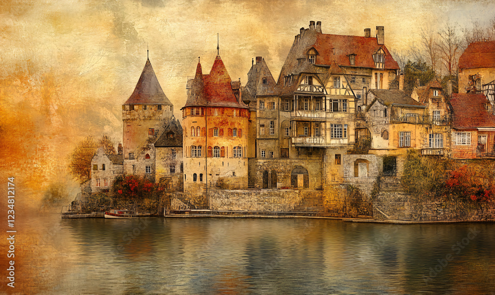 Obraz premium Magnificent Lakeside Fantasy Castle with a Medieval Feel.