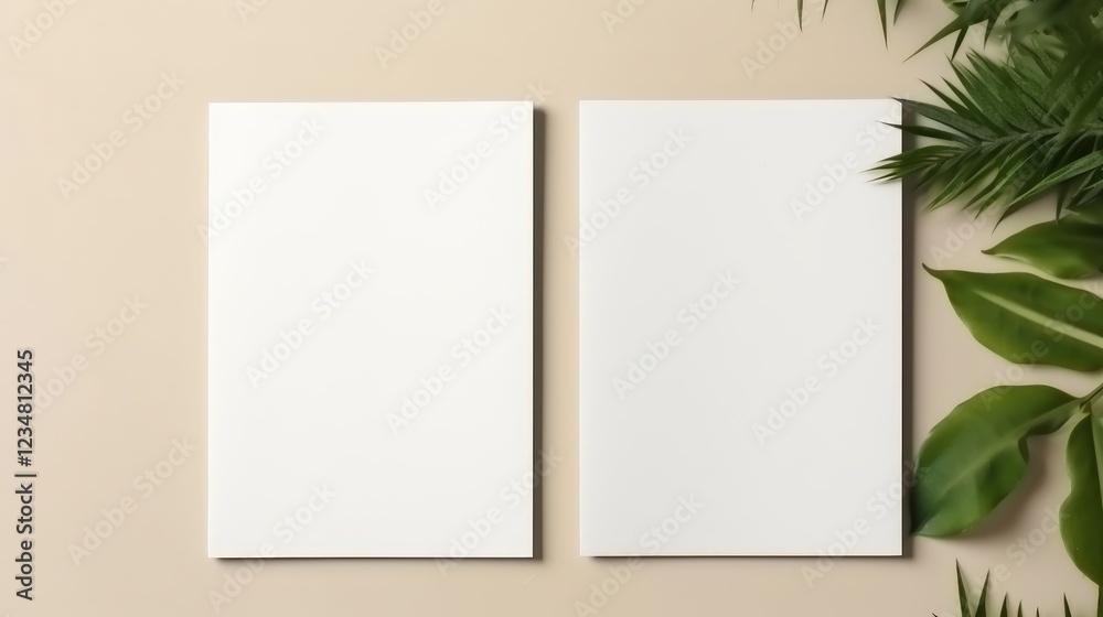 Two Blank Papers Mockup with Leaves in a Flat Lay Style Showcasing a Calm and Organized Chaos for Creative Design Ideas