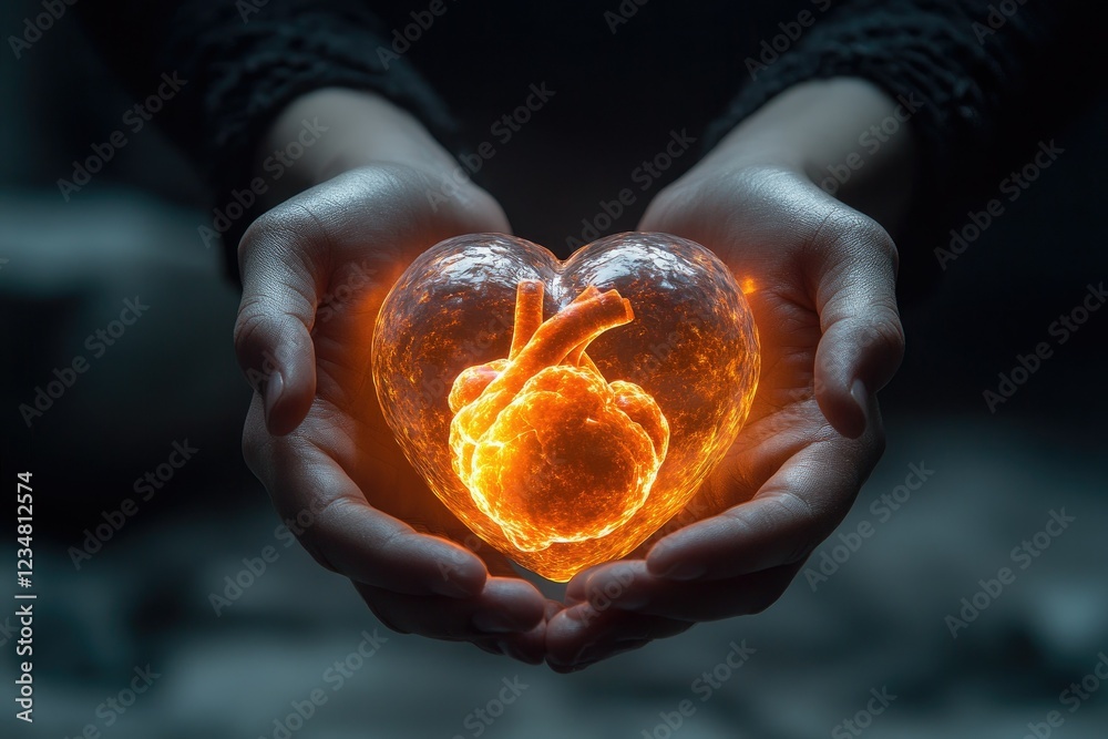 A pair of hands gently holding a glowing, anatomically accurate heart, symbolizing the gift of life through organ donation, copy space background A pair of hands gently holding a glowing, anatomically accurate heart, symbolizing the gift of life through organ donation, copy space background