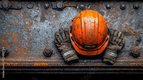 Hardhat and gloves on rusty industrial beam