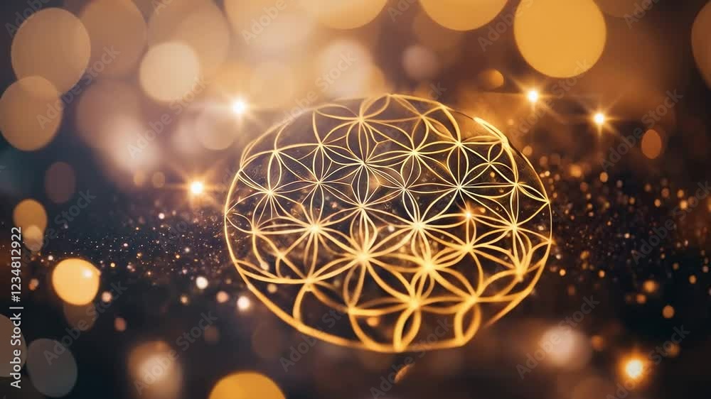 Golden Geometric Pattern of the Flower of Life with Bokeh Background, Reflecting Light and Spirituality in Abstract Design