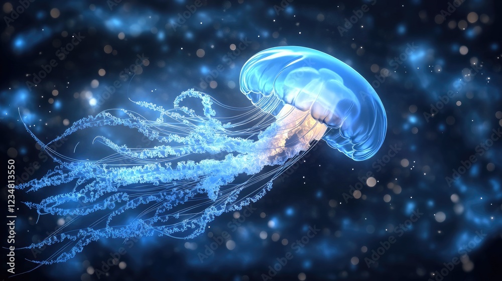 Glowing jellyfish swimming in dark ocean, bokeh background, marine life, underwater scene, website design Glowing jellyfish swimming in dark ocean, bokeh background, marine life, underwater scene, website design