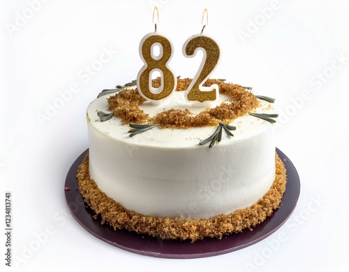 Decorated white cake for birthday or anniversary party, candle number 82, white background photo