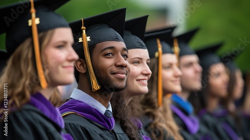 Graduates in Black Caps and Purple Robes Smile