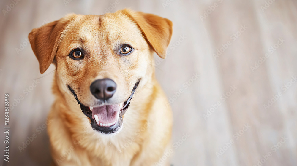 A cheerful golden dog sits calmly, displaying a friendly expression against a wooden floor background.