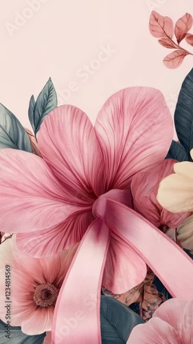 Pink ribbon is tied to a flower. 4K Video