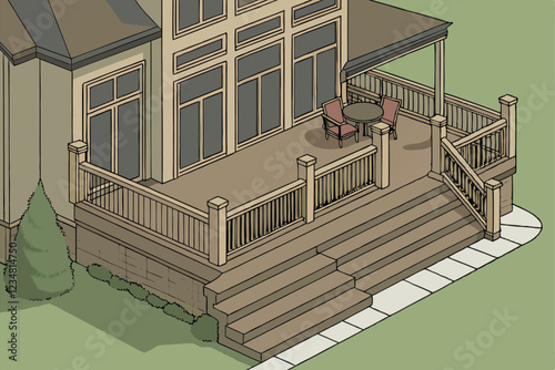  Elevated wooden deck, sunlit patio, modern house exterior, expansive windows, railing details, outdoor furniture, bird's eye view, architectural rendering, lush green lawn, shadows and reflections