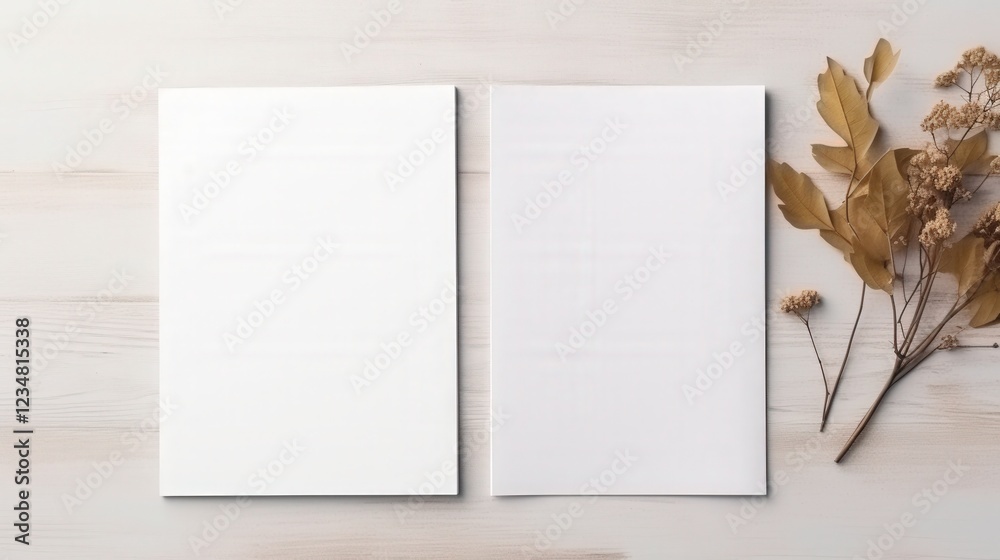Flat Lay Mockup Featuring Two Blank Papers Surrounded by Dried Leaves and Natural Elements on a Light Wooden Background Flat Lay Mockup Featuring Two Blank Papers Surrounded by Dried Leaves and Natural Elements on a Light Wooden Background