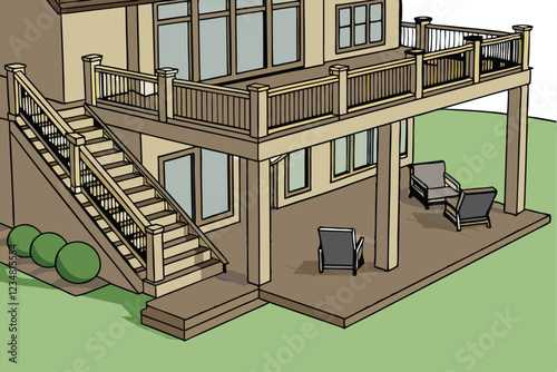  Elevated wooden deck, sunlit patio, modern house exterior, expansive windows, railing details, outdoor furniture, bird's eye view, architectural rendering, lush green lawn, shadows and reflections