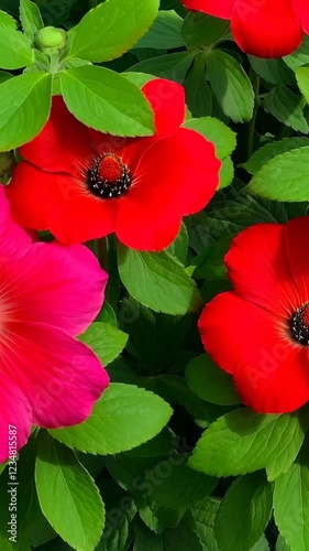 Collection of red and pink flowers with green stems. 4K Video
