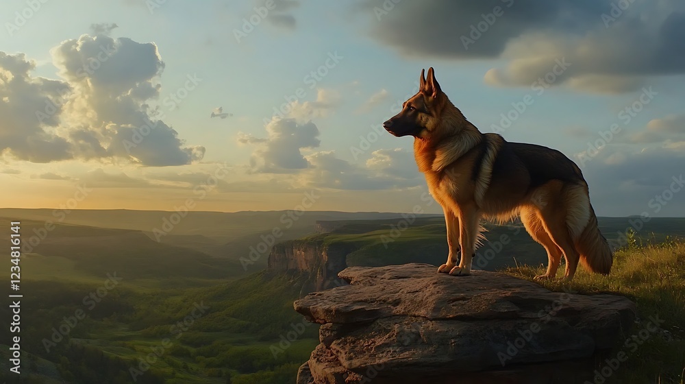 A majestic German Shepherd standing proudly on a rocky outcrop, overlooking a breathtaking landscape during sunset with golden clouds and lush greenery A majestic German Shepherd standing proudly on a rocky outcrop, overlooking a breathtaking landscape during sunset with golden clouds and lush greenery