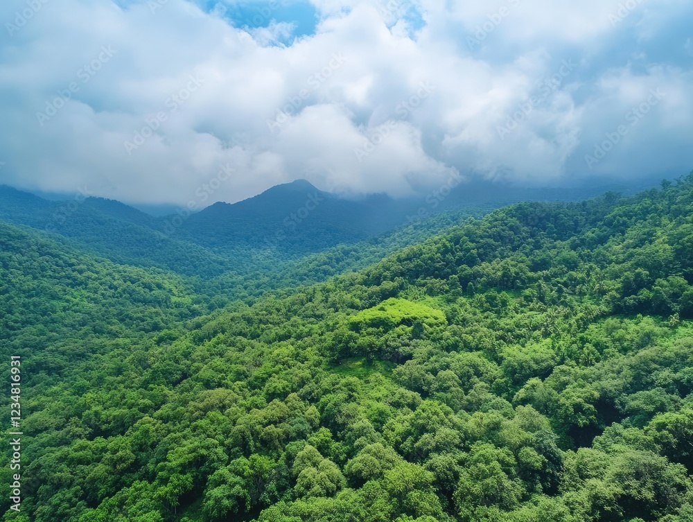 Naklejka premium Aerial view of a lush green mountain range under a cloudy sky on a bright day