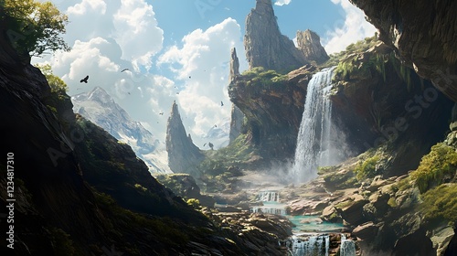 Majestic Waterfall Cascading Through Rugged Mountain Landscape - Breathtaking Nature