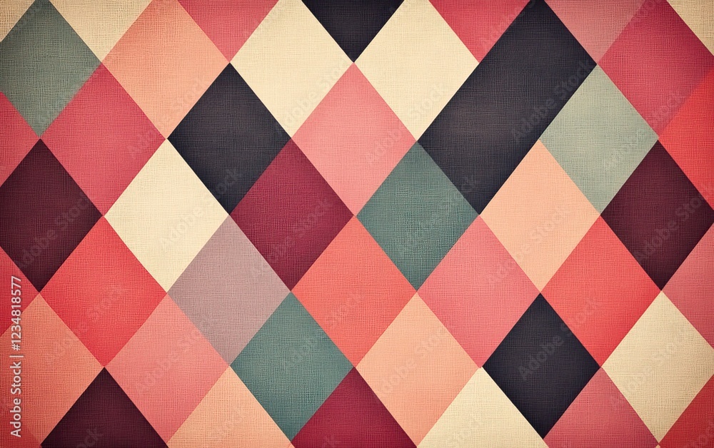Fototapeta premium A textured diamond pattern featuring a mix of warm and cool colors, creating a vintage, quilt-like appearance.