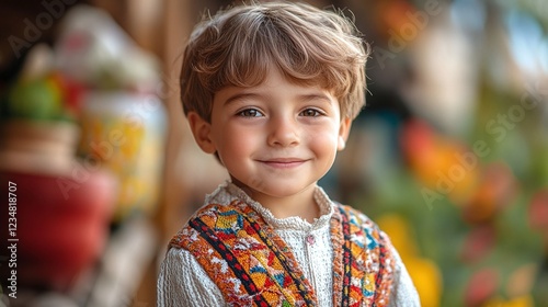 vibrant boy in traditional Bulgaria costume representing authentic folk heritage and cultural celebration with ethnic national traditions