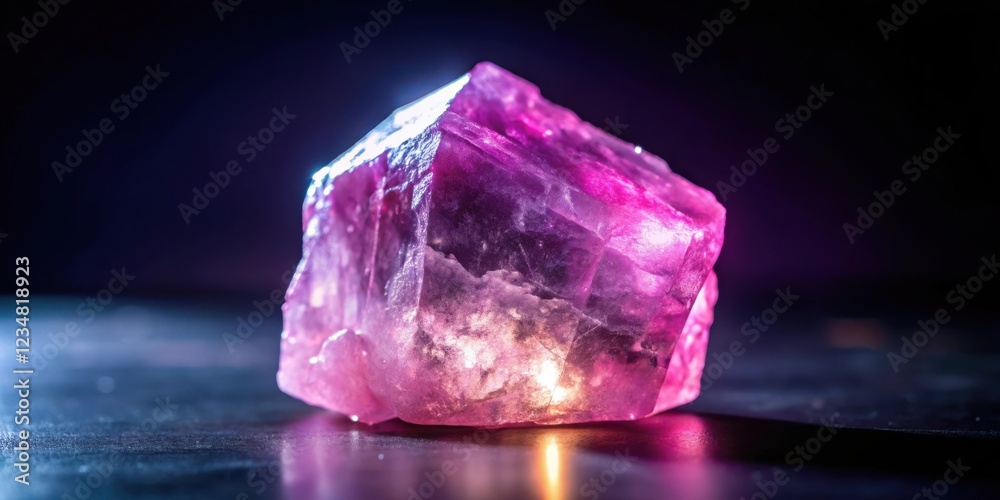 A Single, Polished Pink Crystal Glows Underneath a Soft, Purple Light, Casting a Reflective Shine on a Dark Background. A Single, Polished Pink Crystal Glows Underneath a Soft, Purple Light, Casting a Reflective Shine on a Dark Background.