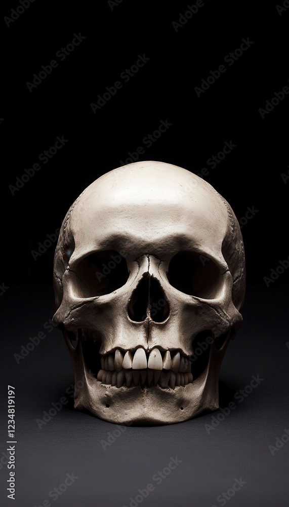 Human skull in dramatic low-key lighting. Human skull in dramatic low-key lighting.