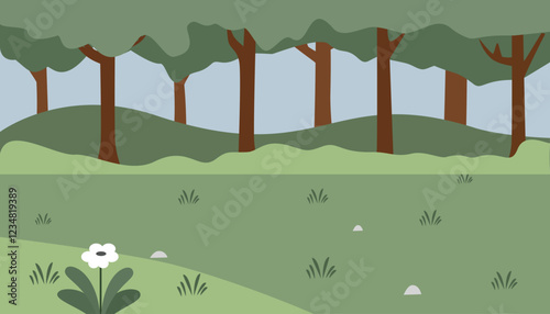 Jungle illustration. Forest scenery. Hill. Park. Children book background. Fable background. Bushes. Tree. Tropical forest.