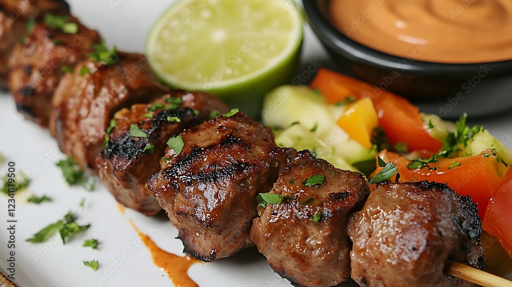 Skewered meat, lime, salad, close up food photo use