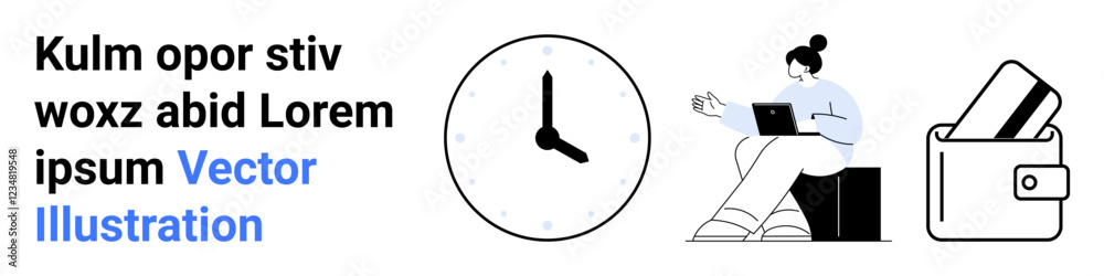 Worker on laptop next to clock, wallet with credit cards, emphasizing time management, productivity, finance, and tech. Ideal for business, finance, e-commerce work-life balance productivity time Worker on laptop next to clock, wallet with credit cards, emphasizing time management, productivity, finance, and tech. Ideal for business, finance, e-commerce work-life balance productivity time