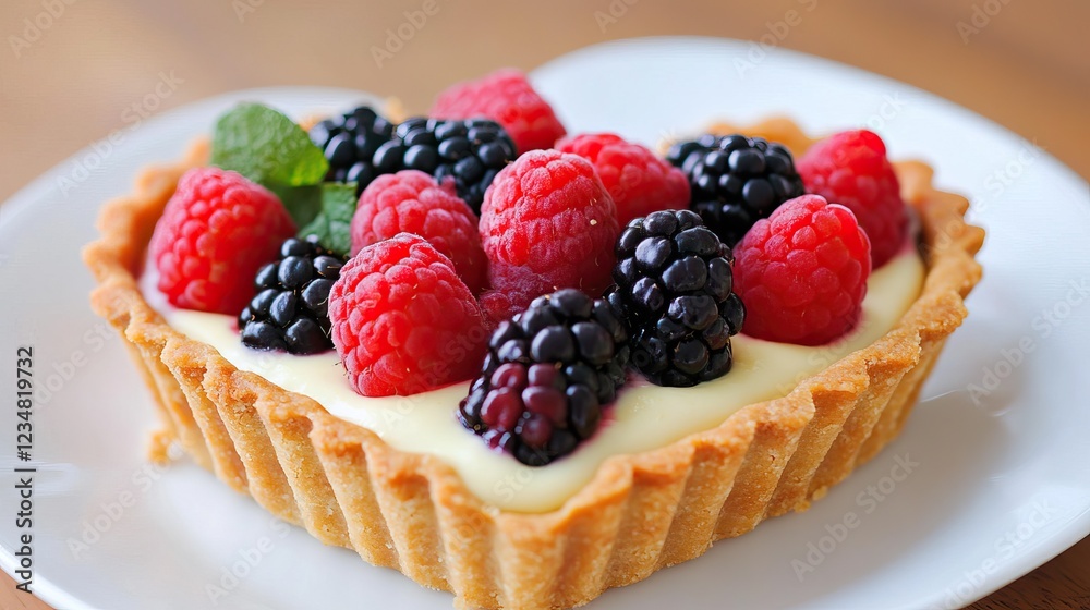 A heart-shaped tart topped with fresh raspberries and blackberries, resting on a white plate, showcasing creamy filling and a crisp crust.