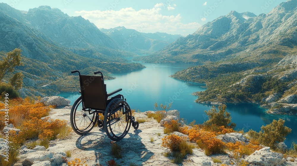 A wheelchair overlooks a picturesque lake surrounded by majestic mountains A wheelchair overlooks a picturesque lake surrounded by majestic mountains