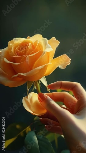 Hand holding a yellow rose with a stem. 4K Video